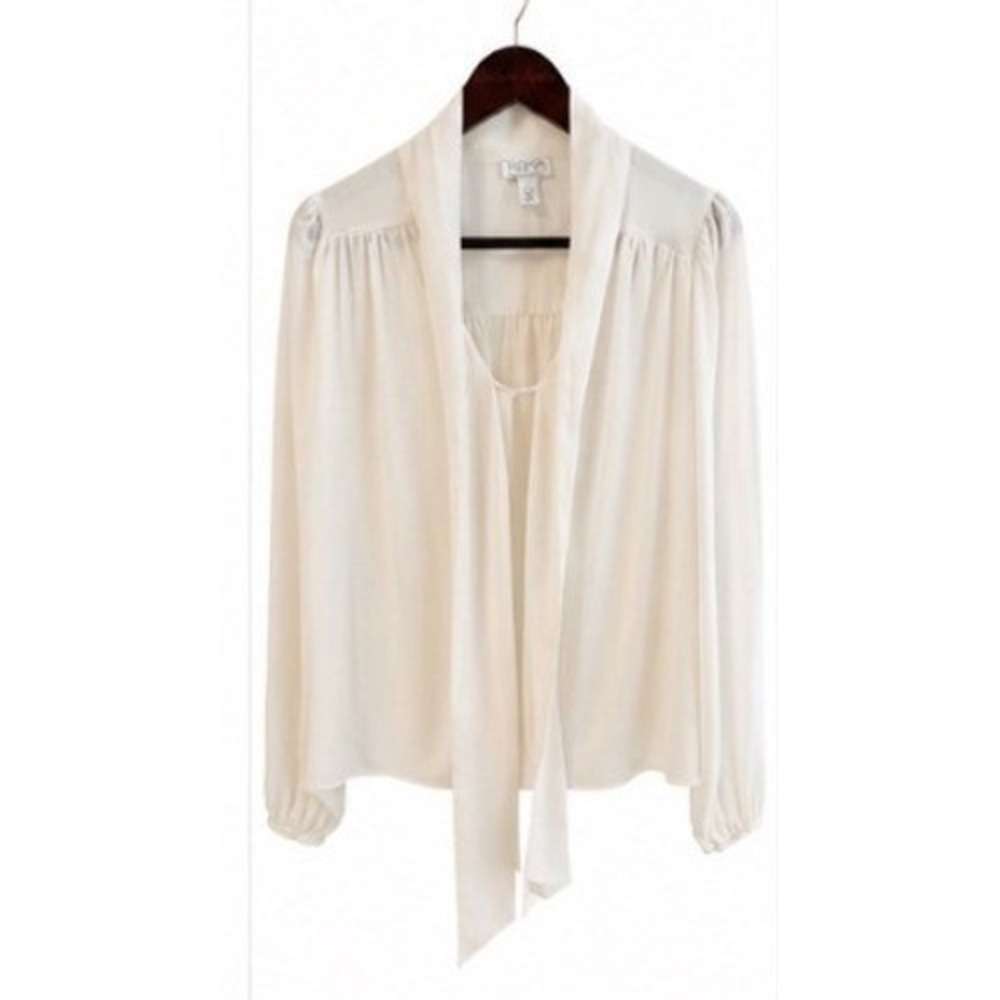 Sofia Jeans Tie Neck Blouse Women L Ivory EUC Long Sleeve Business Casual Career